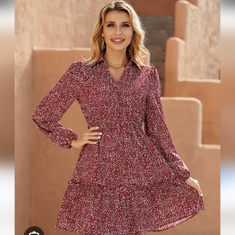 Women's Long Sleeve V Neck Ruffle Button Down Casual Short Dress with Pockets
